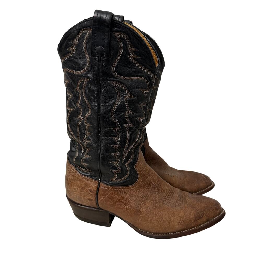 Tony Lama Cowboy Boots Mens 9.5 D Brown Black Leather Western 6171 USA Made Vtg